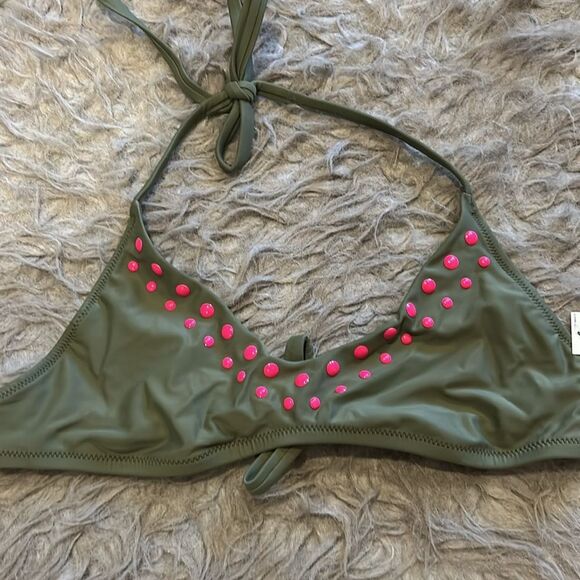 Matt aerie scoop olive green and hot pink embellished swimsuit top size xs - Picture 2 of 5